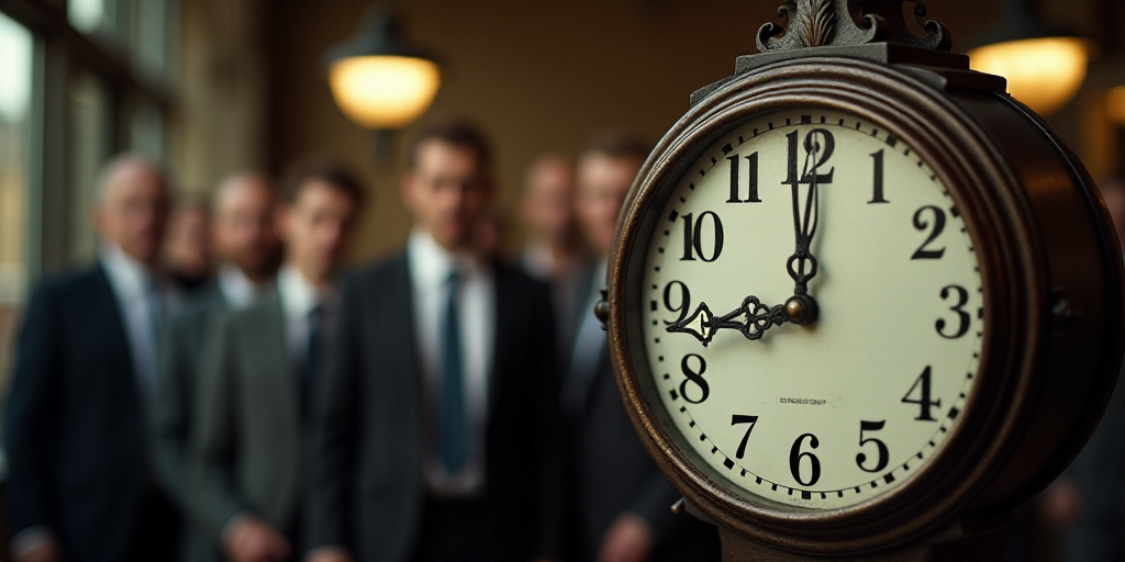 a clock with a group of men in the background with a blurry image of a clock face in the foreground,