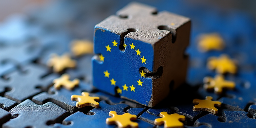 a close up of a block of block of blocks with the flag of the european union behind it and a flag of