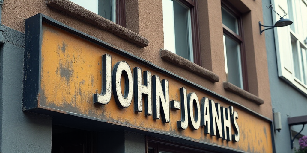 a close up of a building with a sign on it's side that says, john john's, Évariste Vital Luminais,