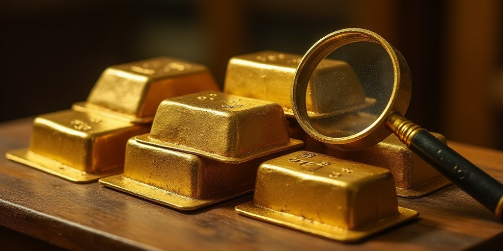 a close up of a bunch of gold bars on a table with a magnifying glass in front of it, Enguerrand Qua