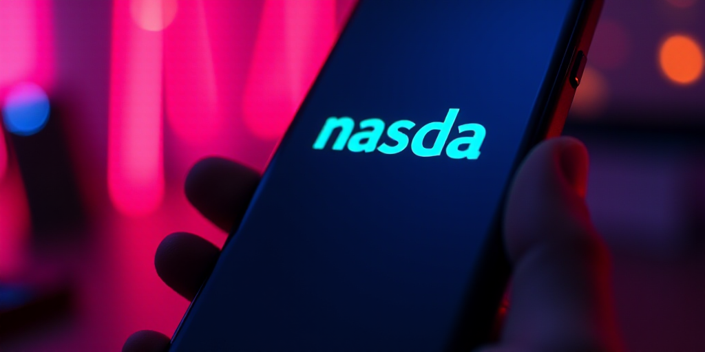 a close up of a cell phone with a nasda logo on it's screen and a neon background, Andries Stock, be