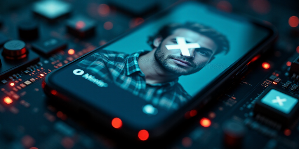 a close up of a cell phone with a picture of a man on it's screen and a x logo, Felix-Kelly, ue 5, a
