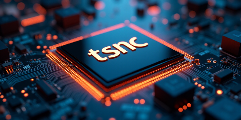 a close up of a computer chip with the tsnc logo on it and a circuit board in the background, Arnold