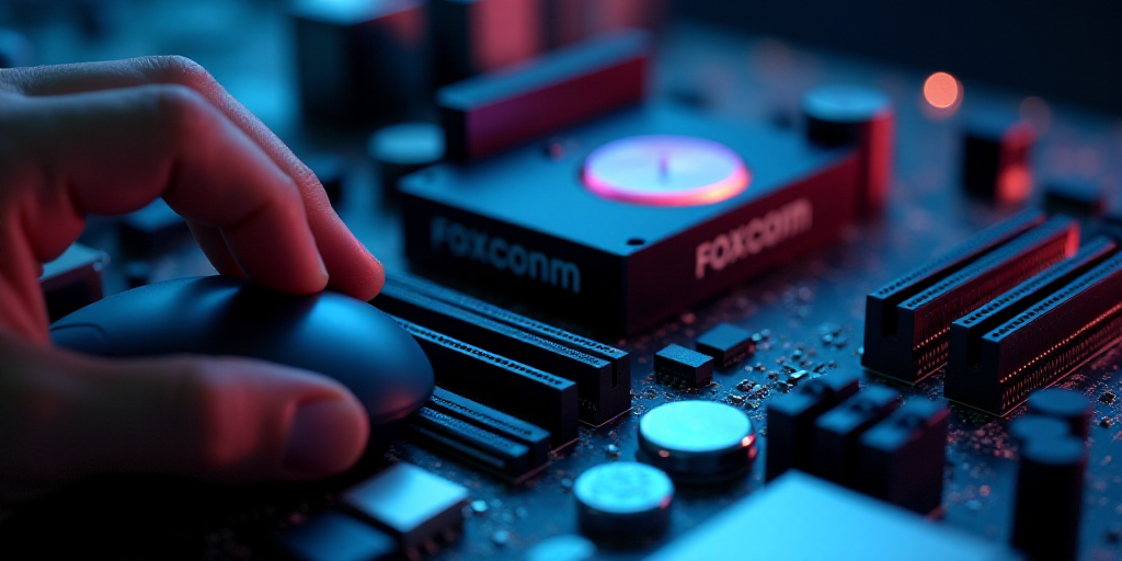 a close up of a computer motherboard with the word foxcomm on it's side and a person holding a mouse