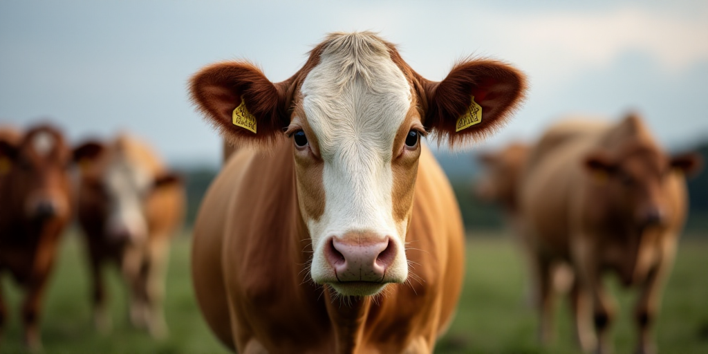 a close up of a cow with other cows in the background behind it, looking at the camera with a seriou