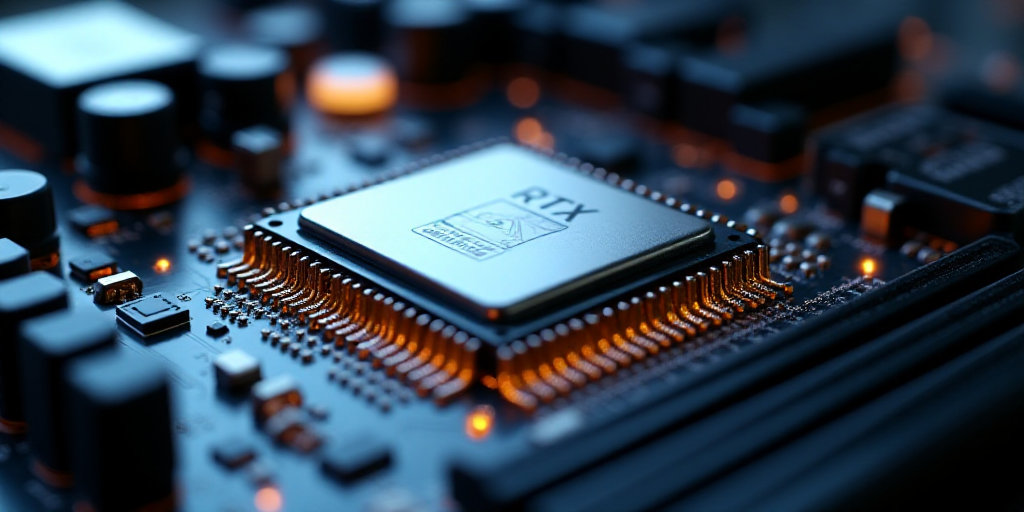 a close up of a cpu chip on a computer board with a chip chip on it's side, Andries Stock, rtx on, a