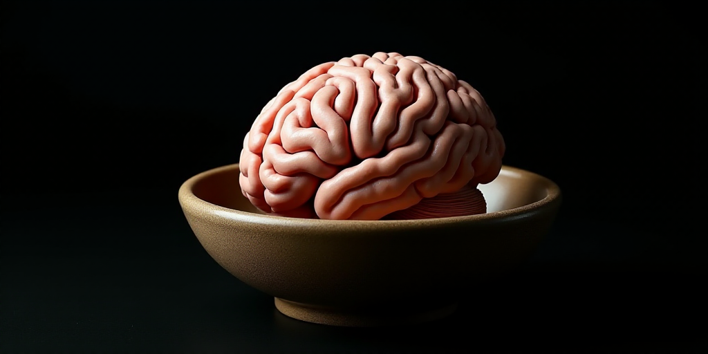 a close up of a human brain in a bowl on a black background with the words, brain, and the image of