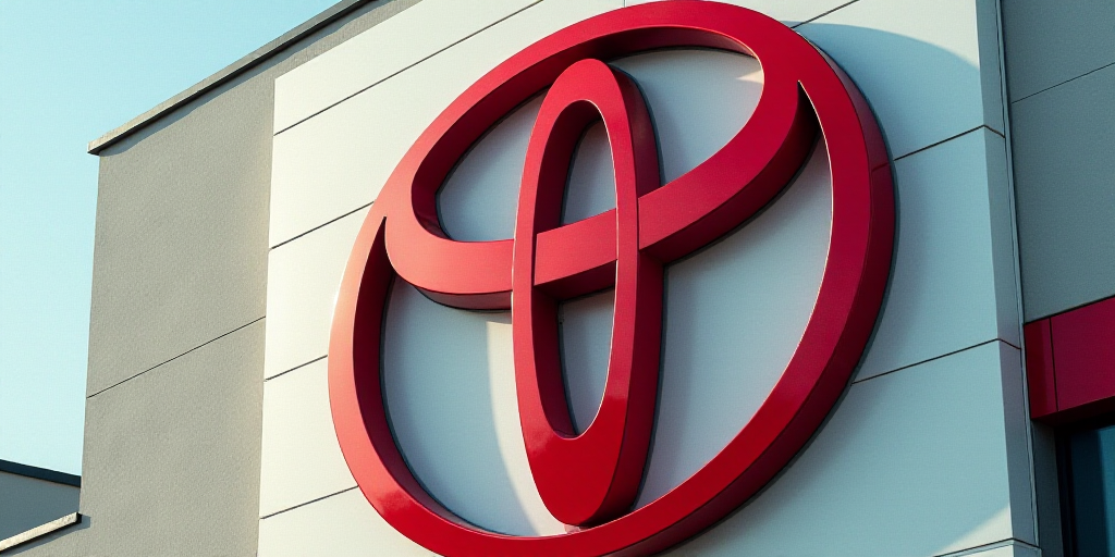 a close up of a logo on a building with a wall in the background and a sign that says,'toyota ', Eiz