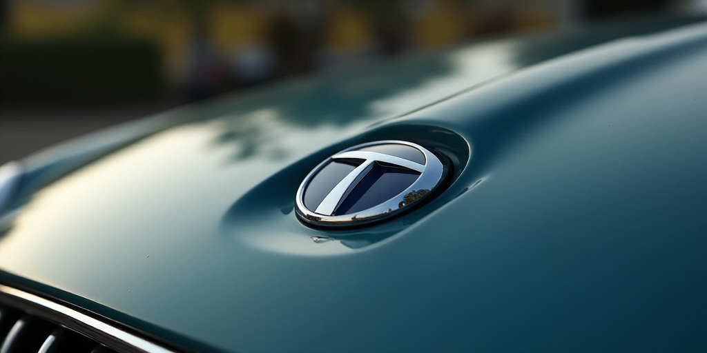 a close up of a logo on a car's hood or hood ornament with the word tata on it, Anthony Devas, logo,