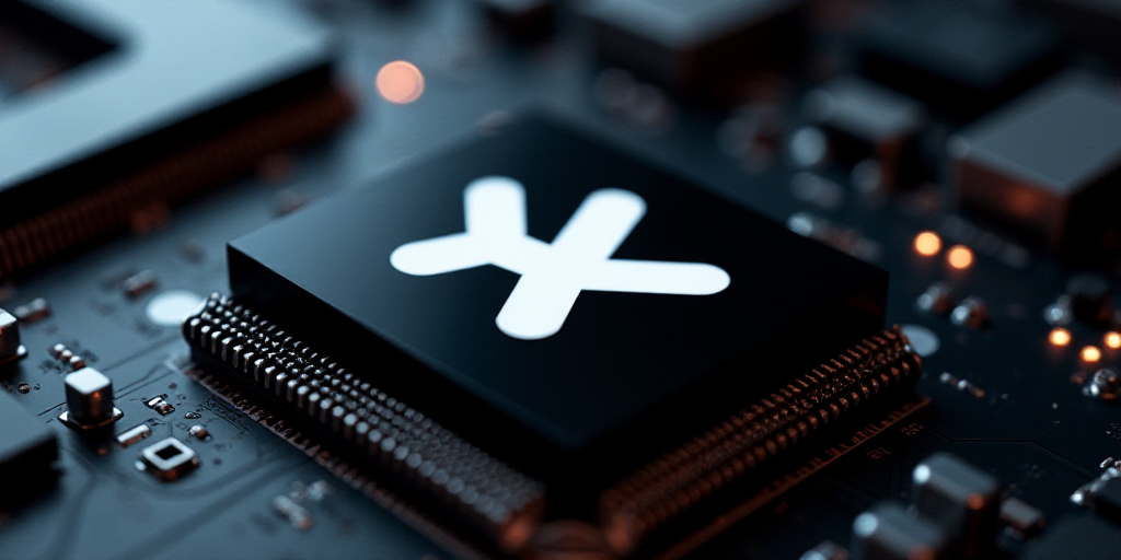 a close up of a logo on a computer motherboard with a black background and white letters that read k