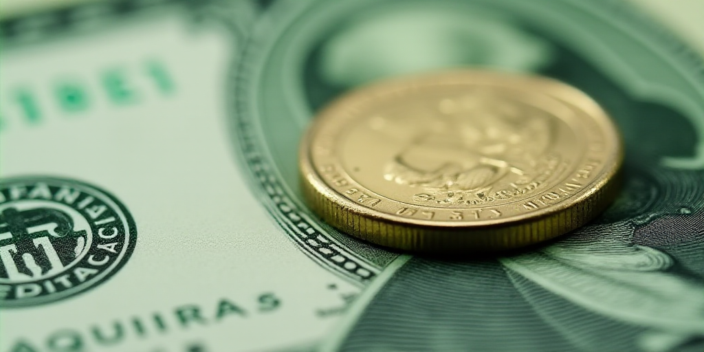 a close up of a one dollar bill with a coin on top of it and a green and white background, Aquirax U