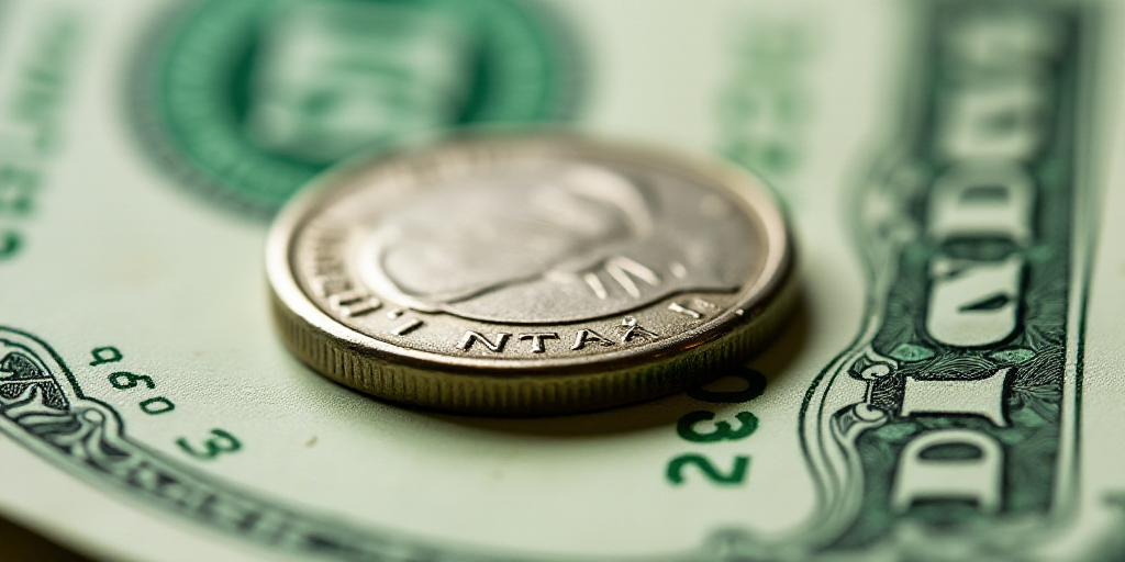 a close up of a one dollar bill with a coin on top of it and a green and white one dollar bill, Aqui