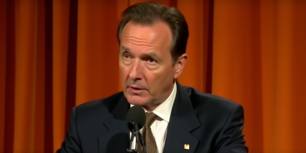 a close up of a person wearing a suit and tie with a microphone in front of him and a curtain behind