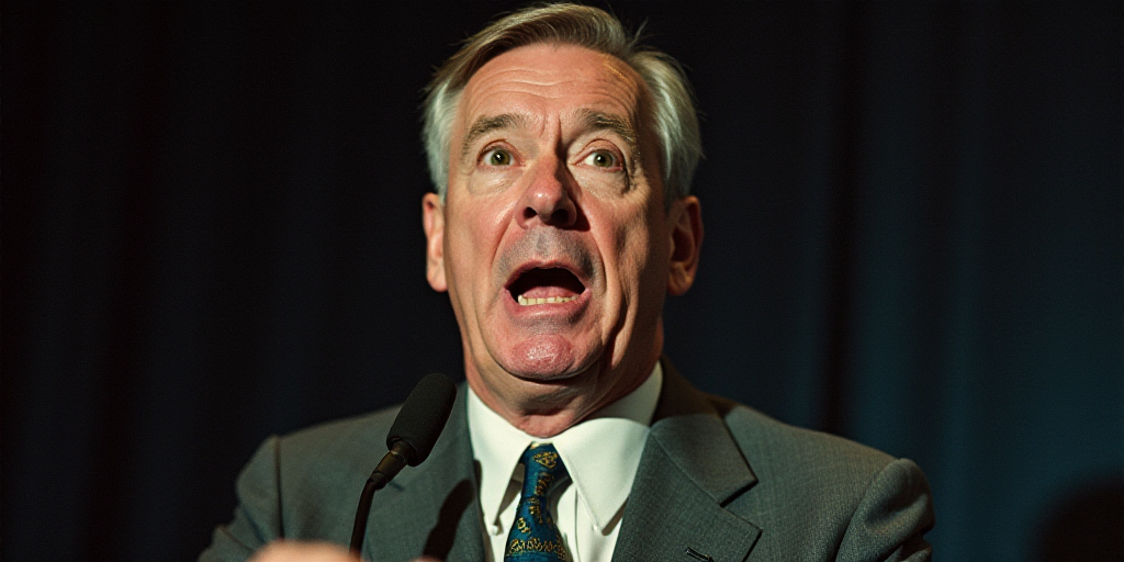 a close up of a person wearing a suit and tie with a surprised look on his face and a microphone in