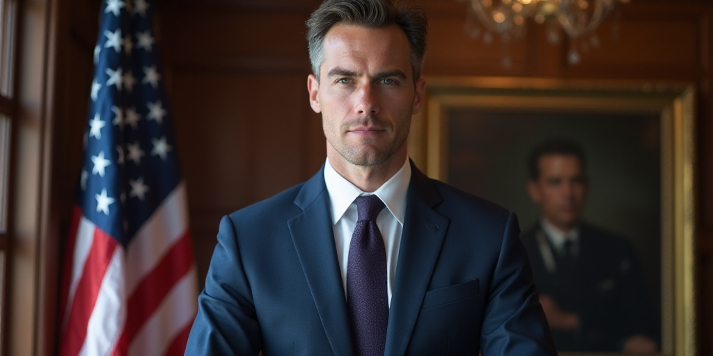 a close up of a person wearing a suit and tie with an american flag in the background and a person i