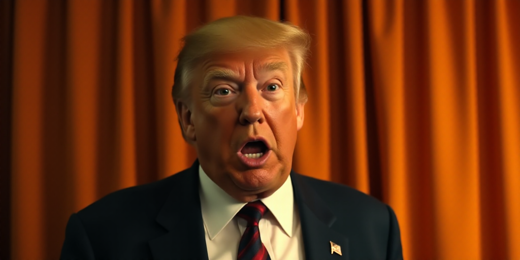 a close up of a person wearing a suit and tie with a surprised look on his face and a curtain behind