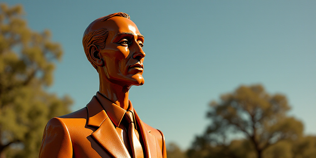 a close up of a person wearing a suit and tie with trees in the background and a sky in the backgrou