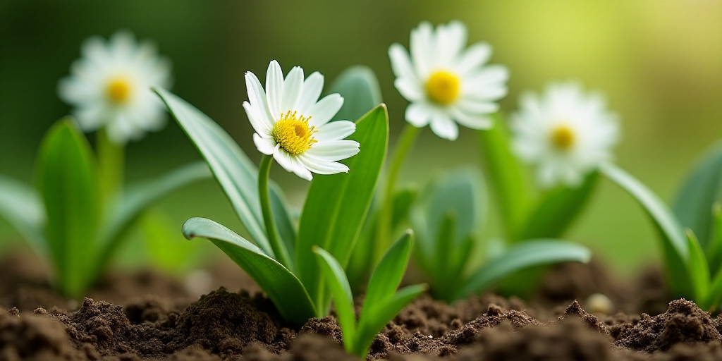 a close up of a plant with white flowers and green leaves in the background, with dirt and grass in