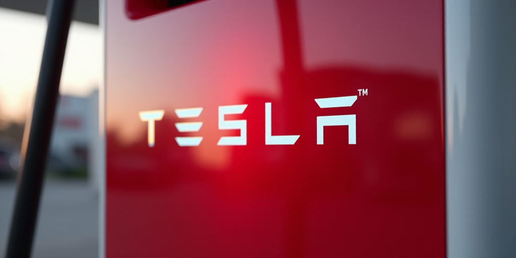 a close up of a red and white gas pump with a tesla logo on it's side and a red and white sign, Éva