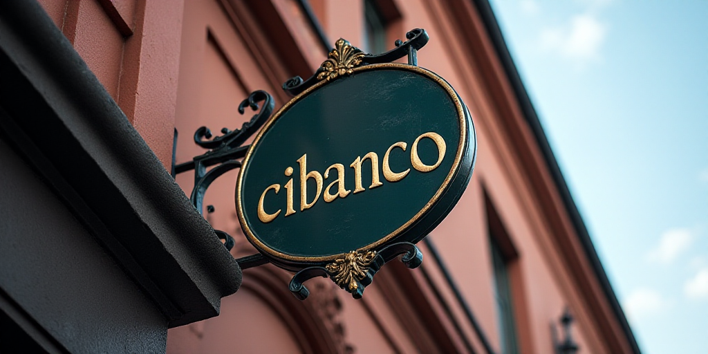 a close up of a sign on a building with a logo on it that says cibanco on it, Cui Bai, cgi, a flemis