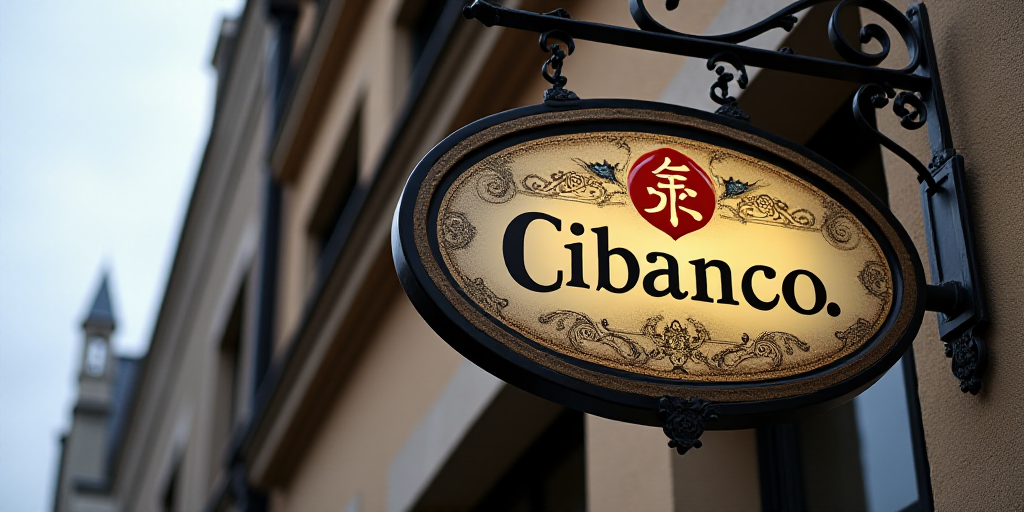 a close up of a sign on a building with a logo on it that says cibanco on it, Cui Bai, cgi, a flemis