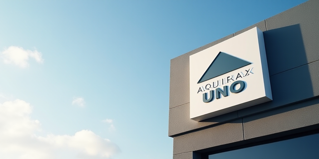a close up of a sign with a logo on it's side of a building with a sky background, Aquirax Uno, logo