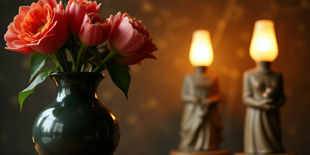 a close up of a vase with flowers in it and a couple of statues in the background with lights on, Al