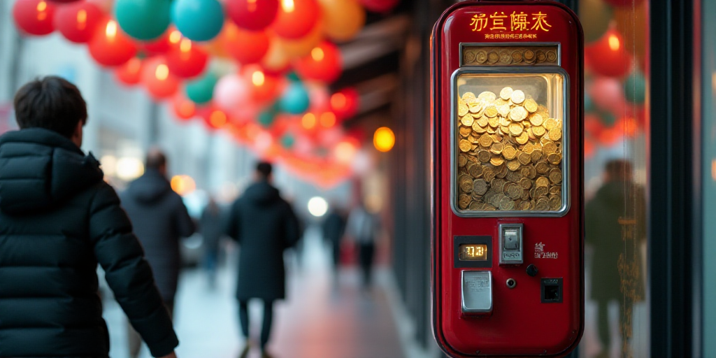 a coin machine is on the side of the street with people walking by it and balloons hanging from the