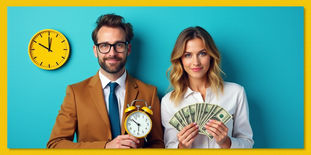 a collage of a man and woman with money and a clock on a blue background with a yellow border, Ada G