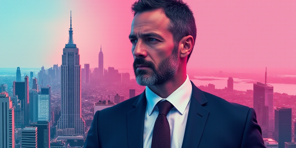 a collage of a man in a suit and tie with a city in the background and a pink and blue photo of a ma