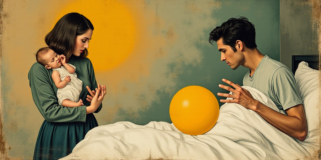 a collage of a woman holding a baby and a man holding a baby in a bed with a yellow ball, Clarice Be