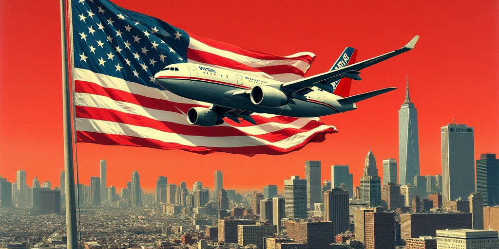a collage of american flags, money, and a plane flying over a city with a red background, Eddie Mend