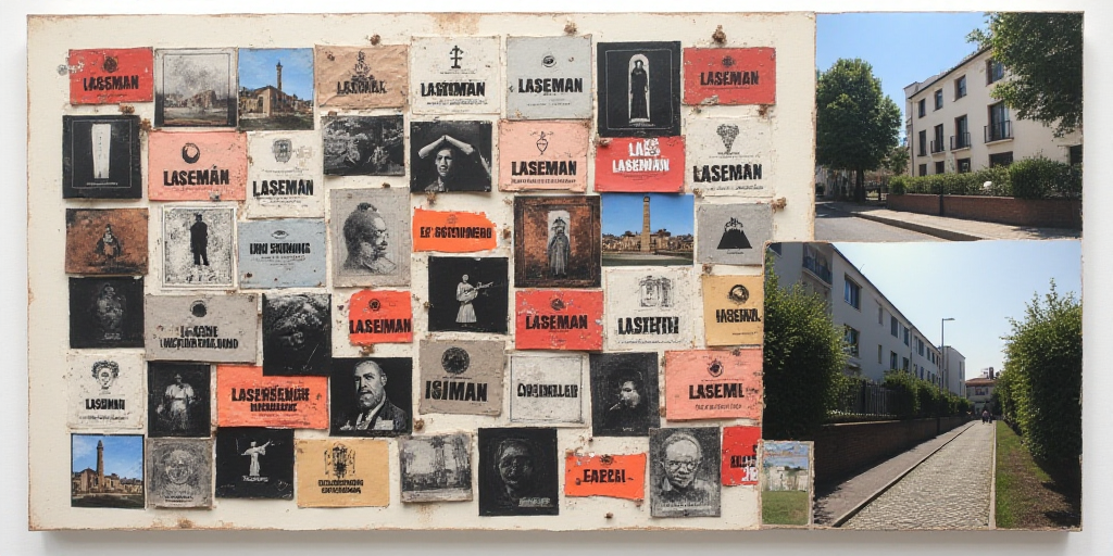 a collage of images with the words laseman en indicateres on them and a picture of a building, Diego