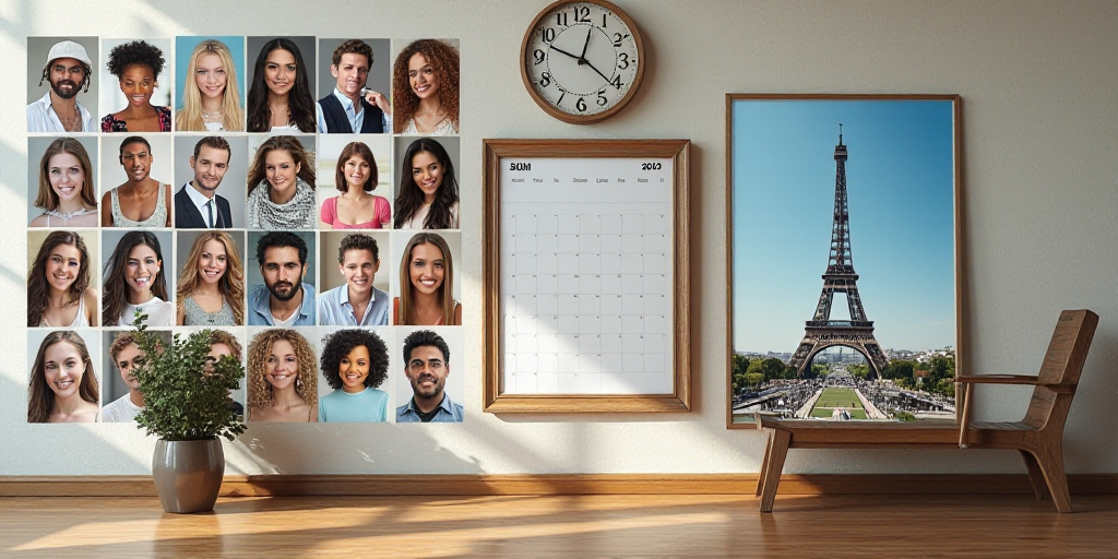 a collage of people with a calendar and a clock on a wall and a photo of a beach, Ada Gladys Killins
