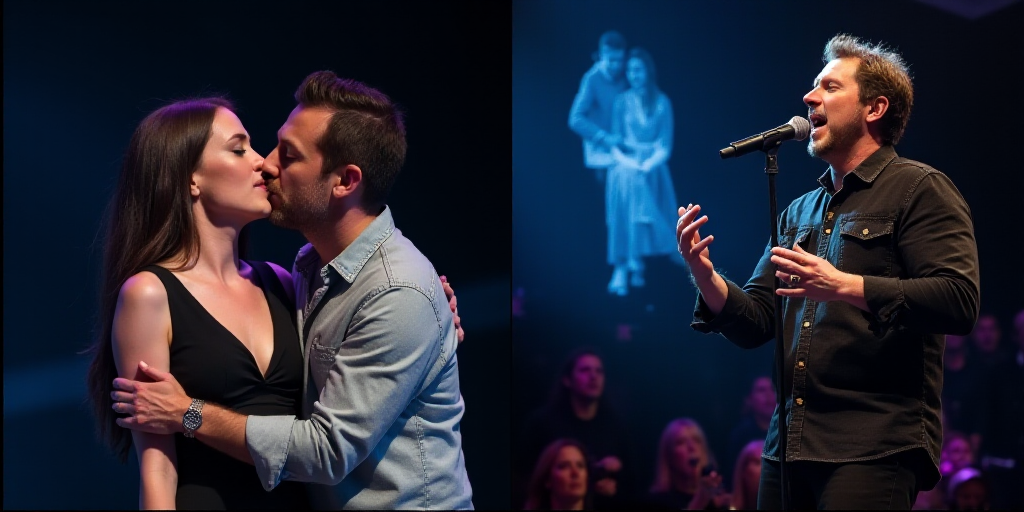 a collage of photos of a couple on stage and a man on stage with a microphone in his hand, Eamon Eve