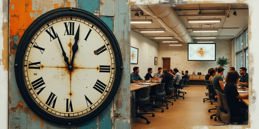 a collage of photos with a clock and people in the background and a photo of a meeting room, Aquirax