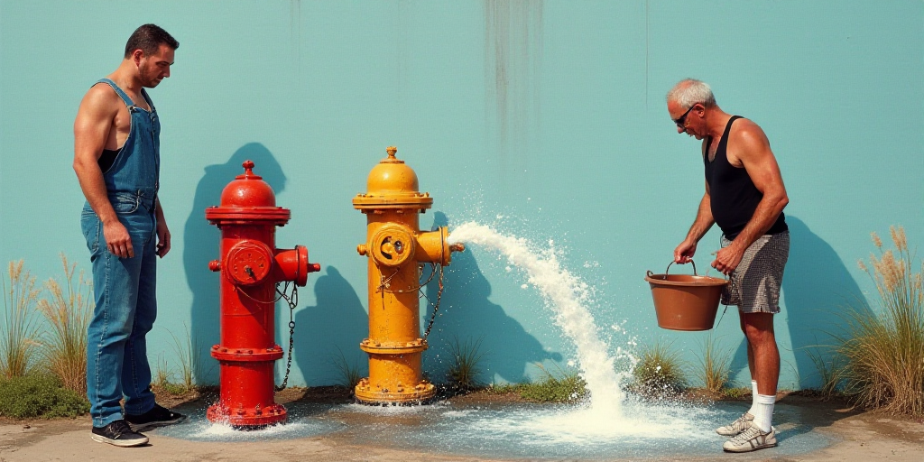 a collage of photos with a man and a fire hydrant and a man with a bucket of water, Constant Permeke