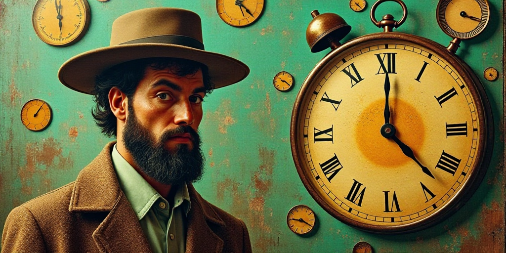 a collage of photos with a man and a clock and a calendar with a green background and a man in a hat