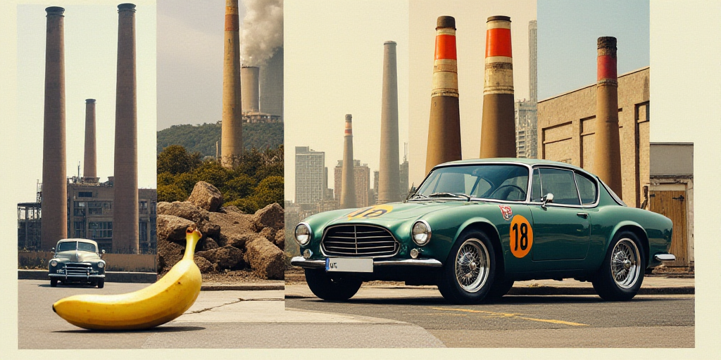 a collage of pictures of a factory and a car and a banana and a shoe on the floor, Christian Hilfgot