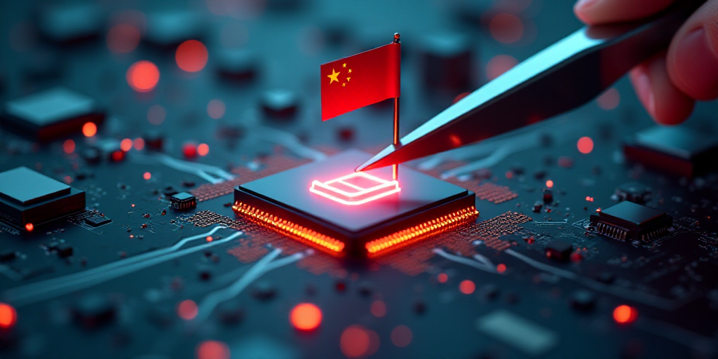 a computer chip with a flag on it being sold by a pair of scissors on top of it with a flag on the c