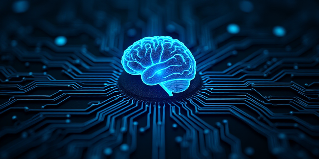 a computer circuit with a blue brain in the middle of it and a circuit in the middle of it, Ai-Mitsu
