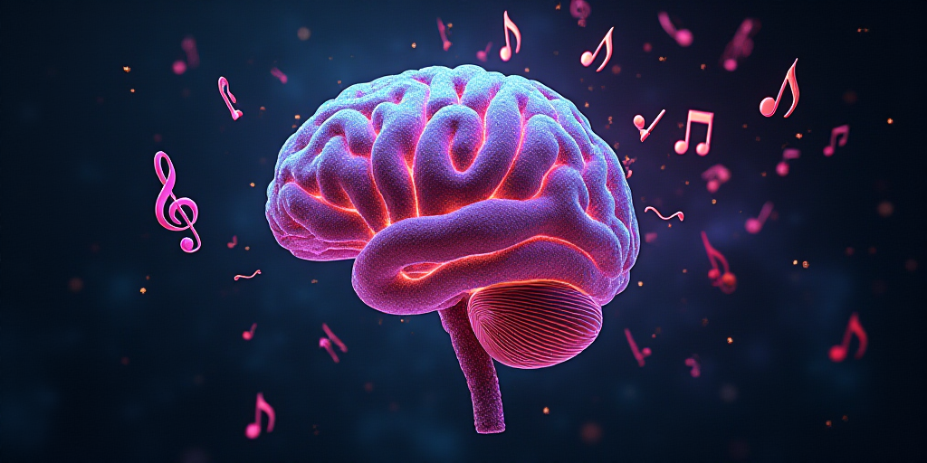 a computer generated image of a human brain with music notes around it and a treble clefs, Beeple, d