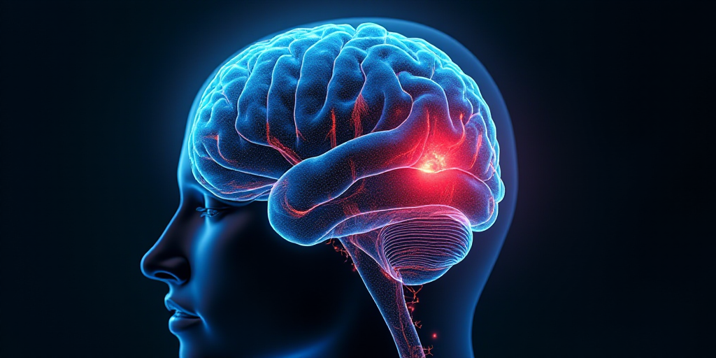 a computer image of a human brain with a highlighted part of the brain highlighted in blue and red c
