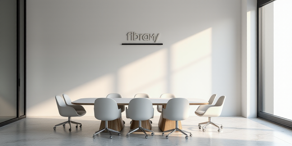 a conference room with a white table and chairs and a sign that reads fibramy on the wall, Ceferí O