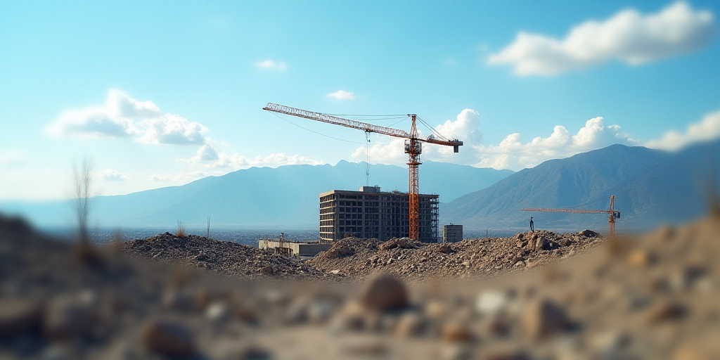 a construction site with a crane and a building under construction in the background with mountains