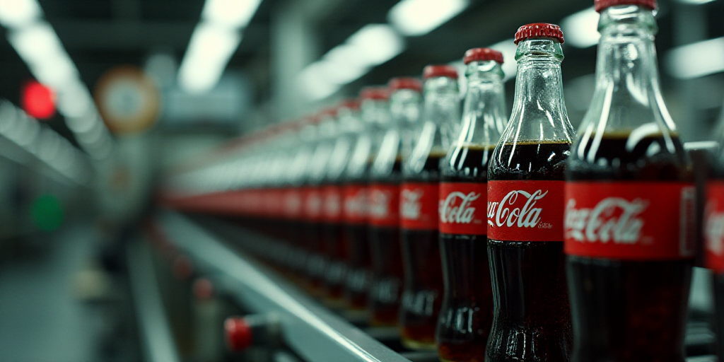 a conveyor belt with a bunch of soda bottles on it and a machine in the background with a conveyor b