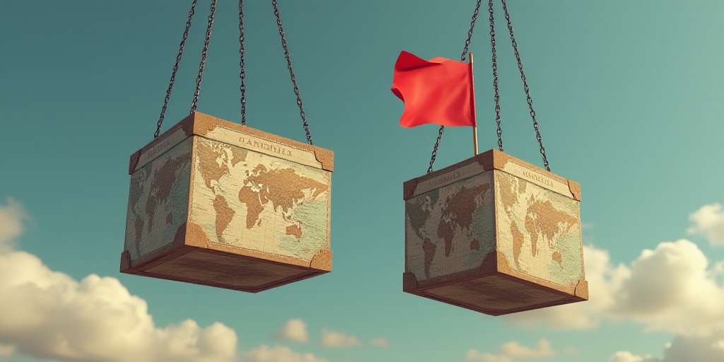 a couple of boxes are suspended by chains in the air with a map on them and a flag on the back, Andr