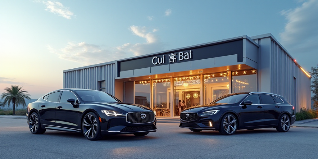 a couple of cars parked in front of a building with a sky background and a sign that says geely, Cui
