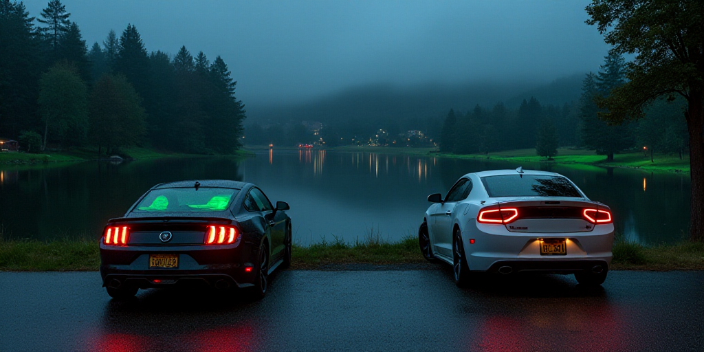 a couple of cars parked next to each other on a street near a lake with green lights on it, Elbridge