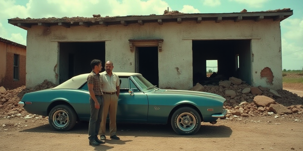 a couple of men standing next to a car in front of a building that has been destroyed down and has a